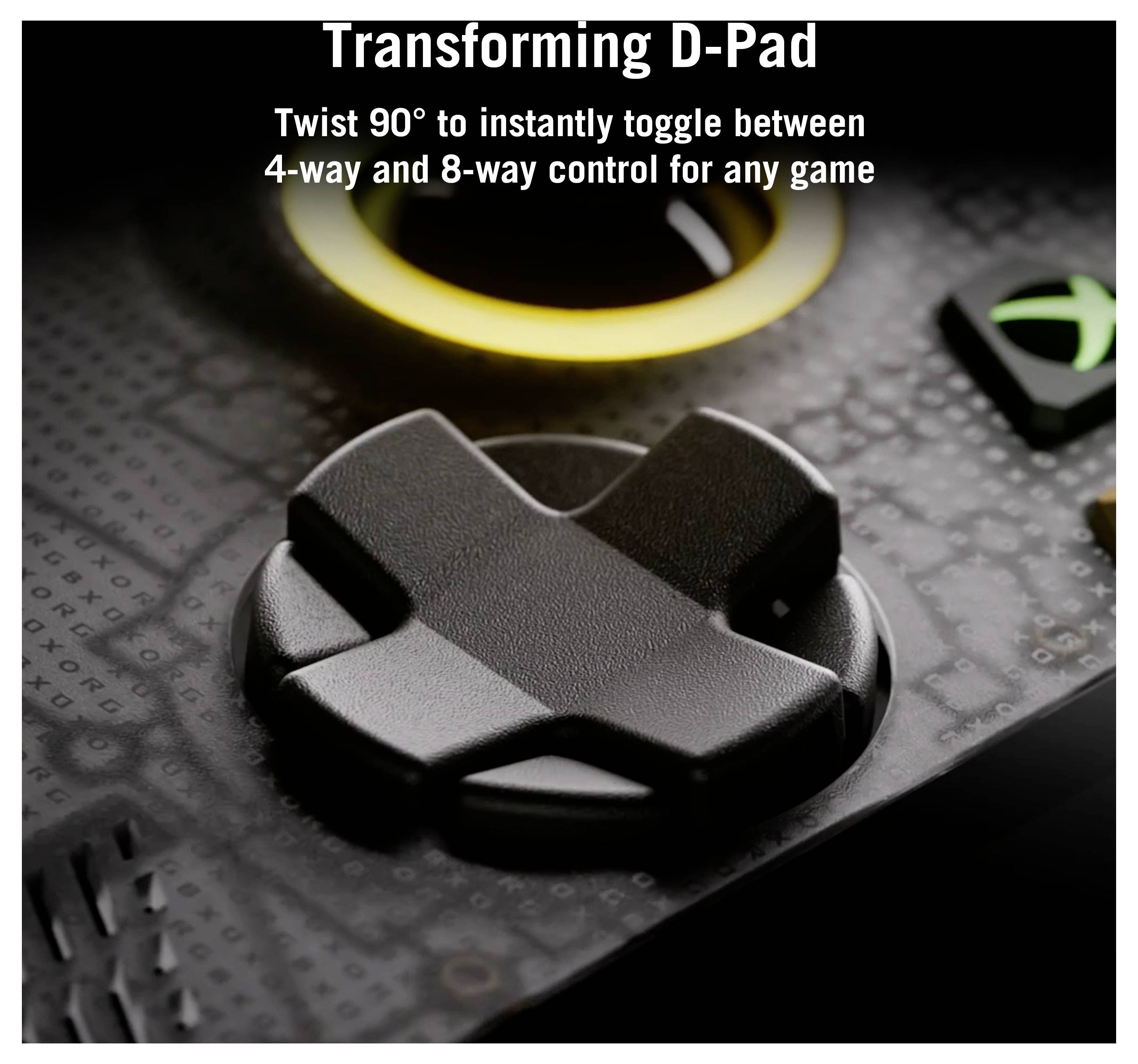 Ovladač Xbox se zobrazením D-pádu s textem "Transformující D-Pad", který vysvětluje, že se otočí o 90° pro přepínání mezi 4směrovým a 8směrovým ovládáním.