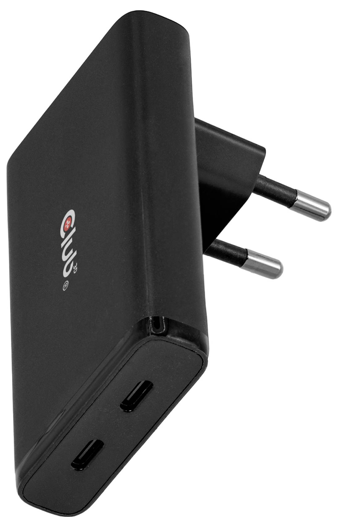 Černá dvoupólová síťová nabíječka se dvěma porty USB-C na přední straně.