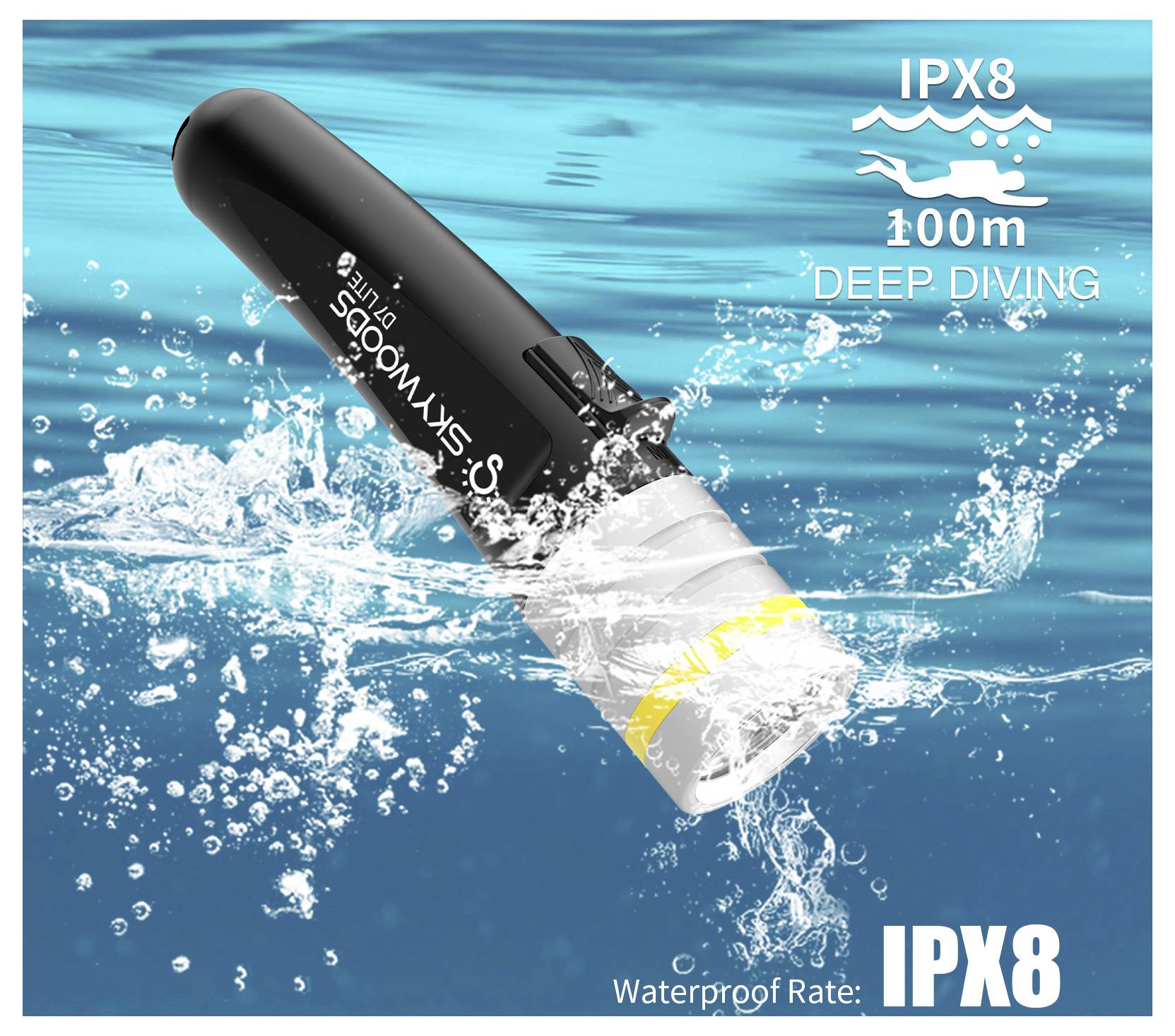 Černý podvodní svítilna grafika ve vodě s textem „IPX8" a „100m HLUBOKÉHO POTÁPĚNÍ", která zdůrazňuje vodotěsnost.