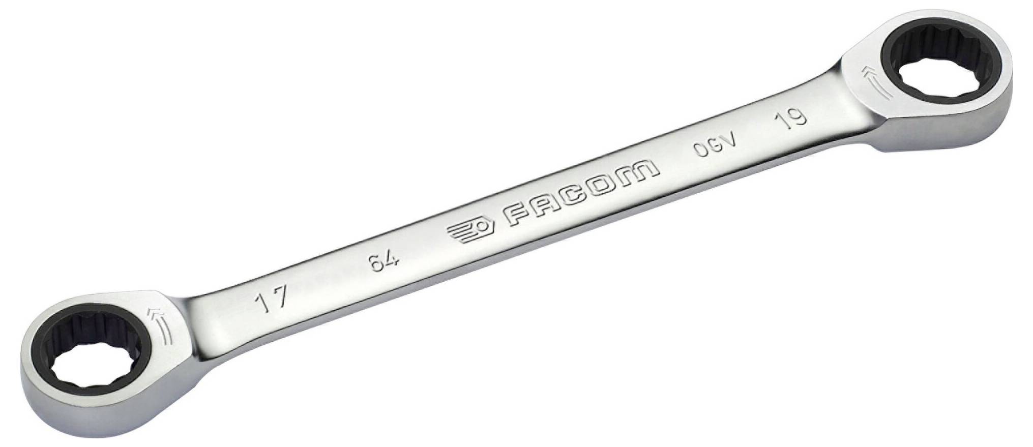 Stříbrný oboustranný klíč s otevřeným koncem o velikostech 17 mm a 19 mm vyryté na rukojeti.