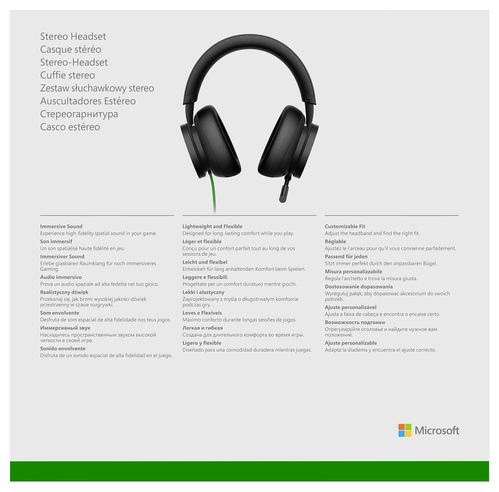Microsoft stereo sluchátka produktový obrázek s vícejazyčným seznamem funkcí, zobrazující lehký design, flexibilní boom mikrofon a přizpůsobitelné přiléhání.