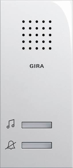 Bílý nástěnný ovládací panel GIRA s reproduktorem a ikonou ztlumeného zvonku vedle dvou obdélníkových tlačítek.