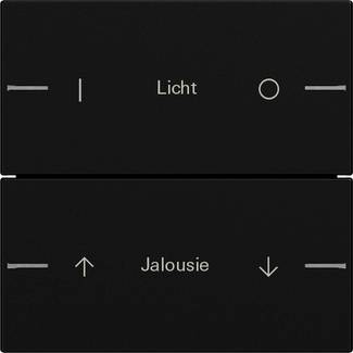 Černý nástěnný spínací panel označený "Licht" (Světlo) a "Jalousie" (Žaluzie) s ikonami pro ovládání světla a slepých prvků, včetně šipek nahoru/dolů a symbolů zapnutí/vypnutí.