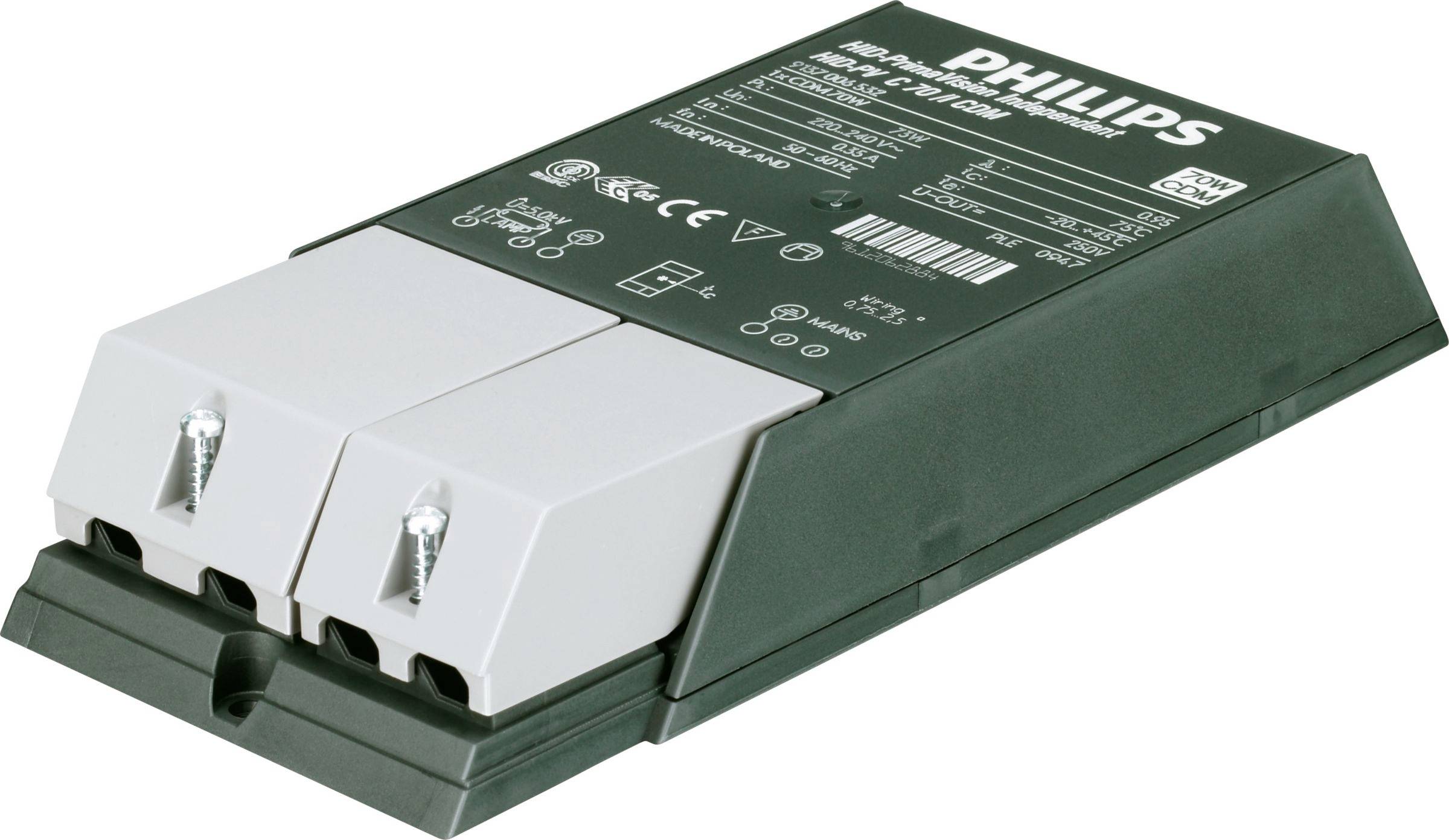 Philipsův elektronický předřadník pro zářivky, zobrazený jako obdélníková černobílá součástka se svorkami pro připojení.