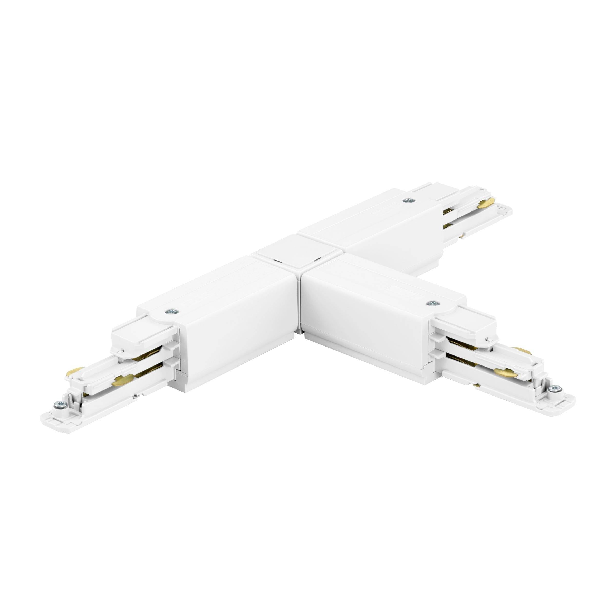 Bílý třícestný konektor kolejnicového osvětlení ve tvaru Y s elektrickými kontakty na každém konci na bílém pozadí.