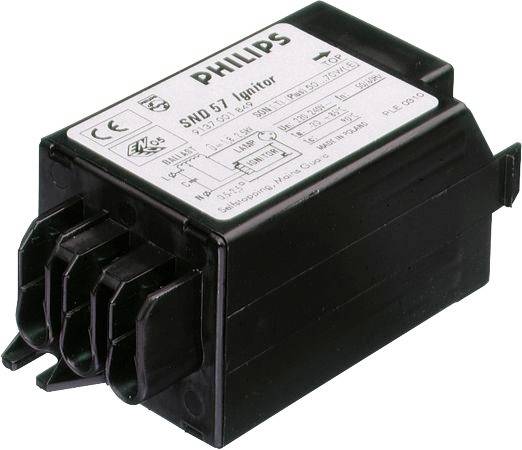 Černý modul zapalovače Philips SND 571 s popisaným schématem zapojení nahoře, zobrazený na bílém pozadí.