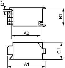 Technický diagram konektoru nebo pouzdra se dvěma pohledy ze strany, ukazující značky dimenzí D1, B1, A2, C1 a A1 se šipkami indikujícími měření.