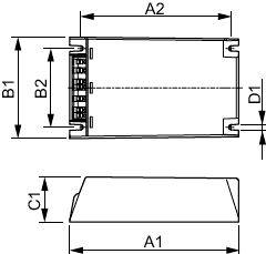 Technický výkres obdélníkové elektronické součástky zobrazující pohled zepředu a boční pohled s označenými rozměry A1, A2, B1, B2, C1 a D1.