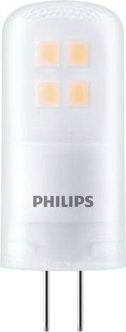 Kapslová LED žárovka Philips se dvěma kovovými kolíky a čtyřmi LED čipy viditelnými skrz matný bílý kryt.