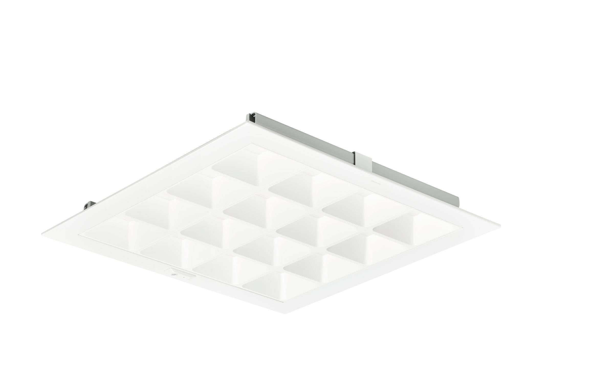 Bílý čtvercový stropní světelný panel se sítí zapuštěných buněk, zobrazený na jednoduchém bílém pozadí.