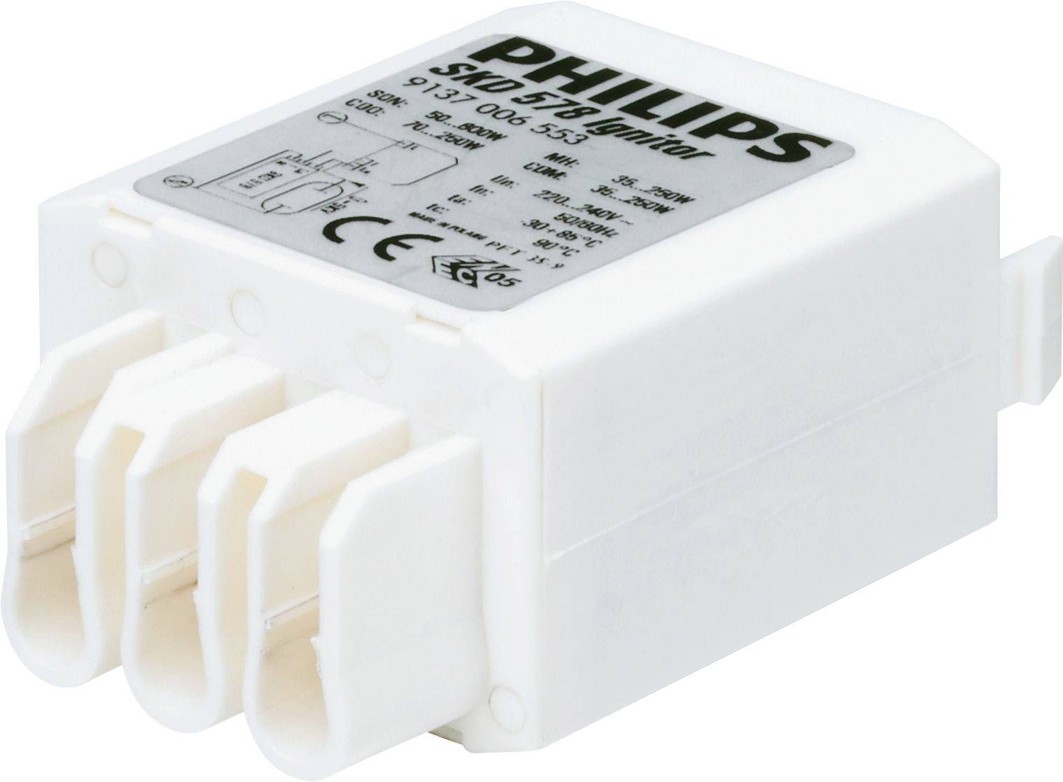 Bílý HID předřadník Philips se třemi předními kolíky a tištěným technickým štítkem na horní straně.