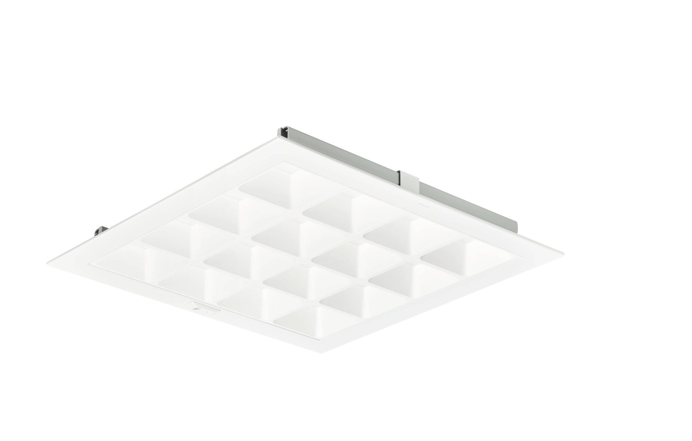 Bílý čtvercový stropní světelný panel s zapuštěným difuzorem se mřížkou, zobrazen na jednoduchém pozadí.