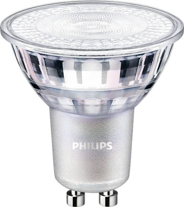Reflektorová LED žárovka Philips s čirým skleněným reflektorem a dvoupólovým závitem, zobrazená na bílém pozadí.