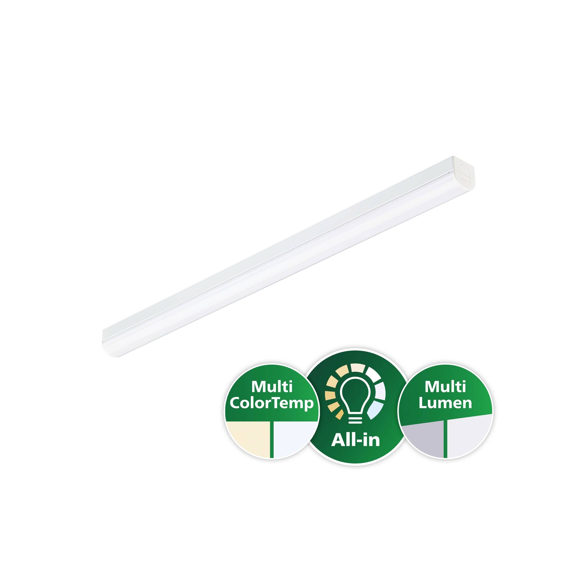 Bílá lineární LED svítidla se symboly „Multi ColorTemp", „All-in" a „Multi Lumen" indikující nastavitelnou barevnou teplotu a jas.
