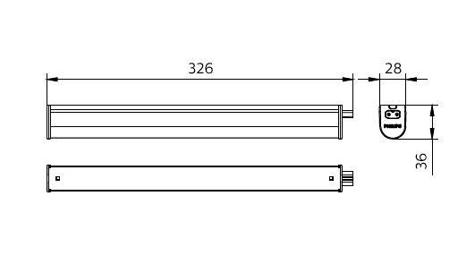 Technický výkres lineárního trubicového svítidla, zobrazující boční a čelní pohled s rozměry 326 mm dlouhé, 28 mm širokého a 36 mm vysokého.