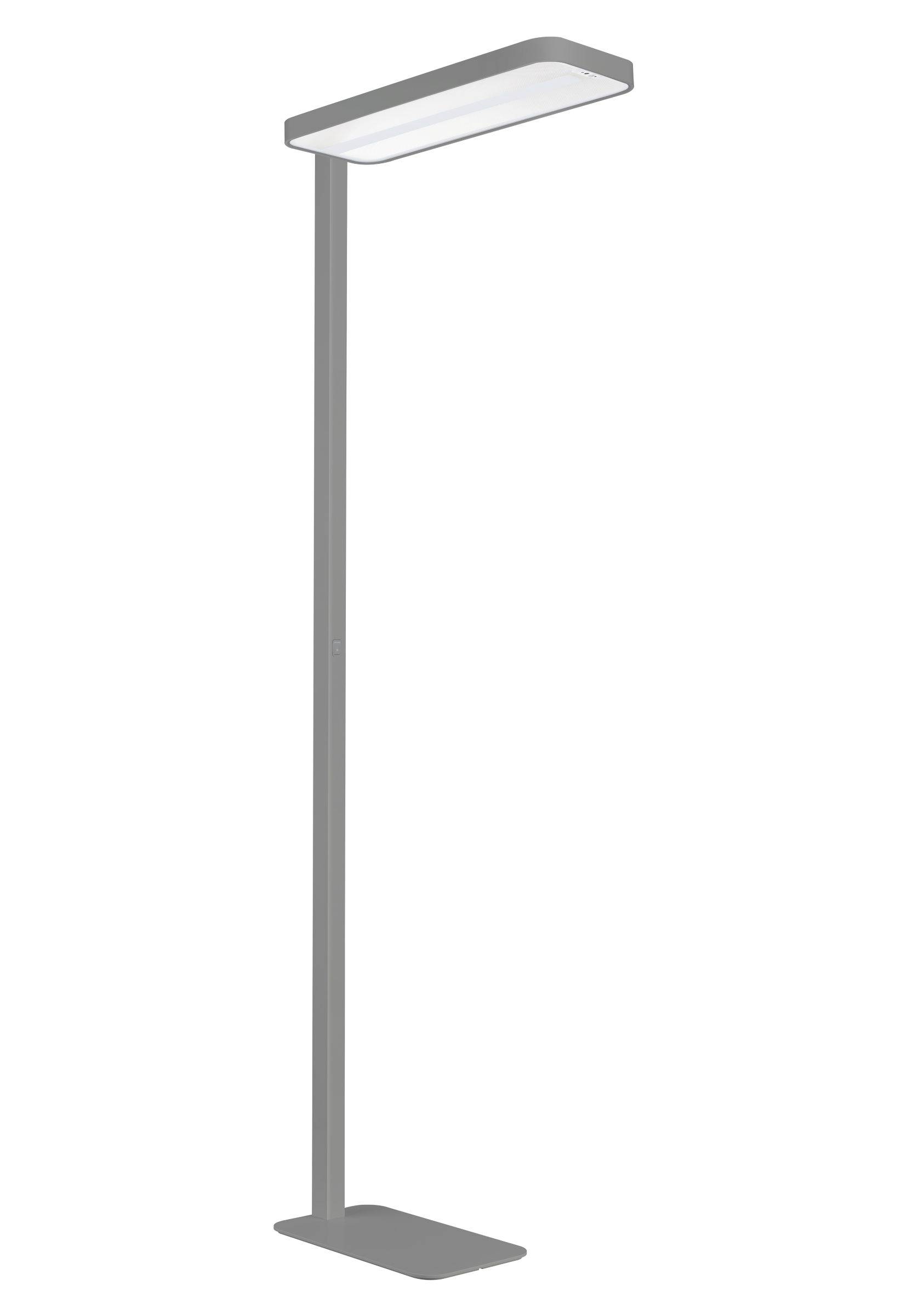 Minimalistická šedá stojací lampa se štíhlou vertikální tyčí, plochou obdélníkovou podstavou a horizontálním světelným panelem na vrcholu.