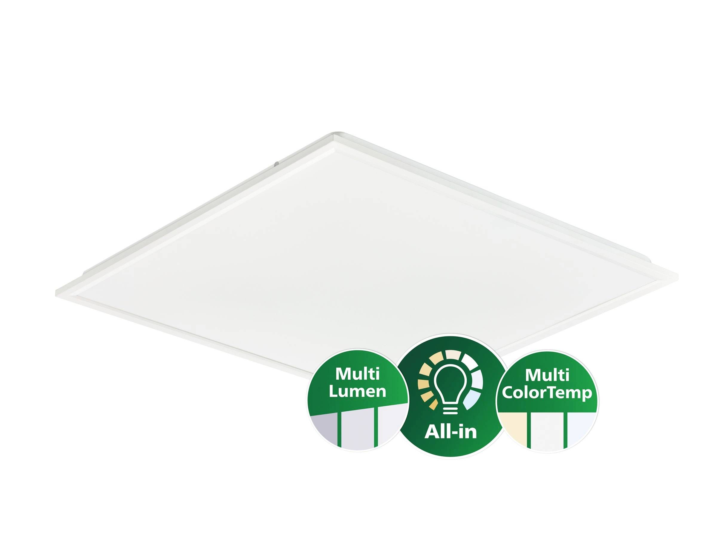 Bílý čtvercový LED panel do stropu se třemi zelenými značkami s textem „Multi Lumen", „All-in" a „Multi ColorTemp".