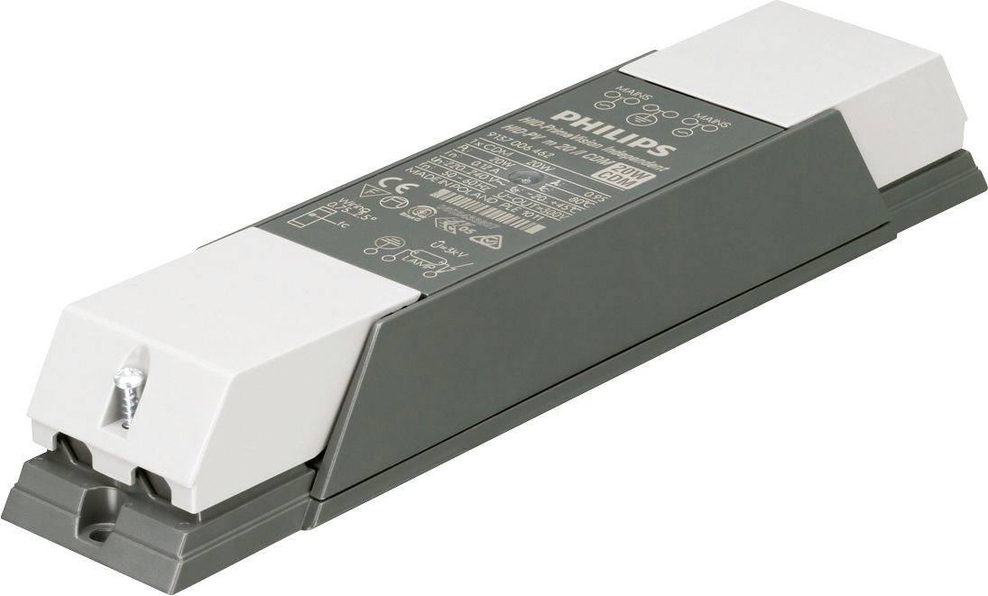 Šedý Philips elektronický předřadník se bílými koncovkami, zobrazený izolovaně na bílém pozadí.