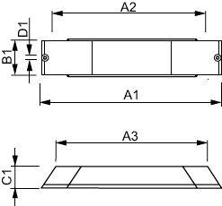 Technický diagram rozměrů obdélníkové součásti se zobrazeným pohledem shora a zboku se štítky měření A1, A2, B1, D1, A3 a C1.