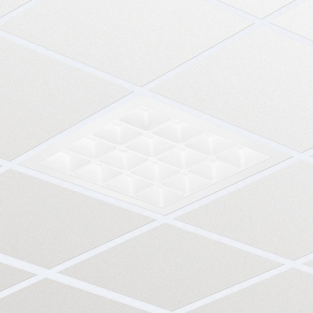 Detailní záběr na bílý stropní otvor nebo difuzér umístěný v obkladaném stropu se jemným geometrickým mřížkovým vzorem.
