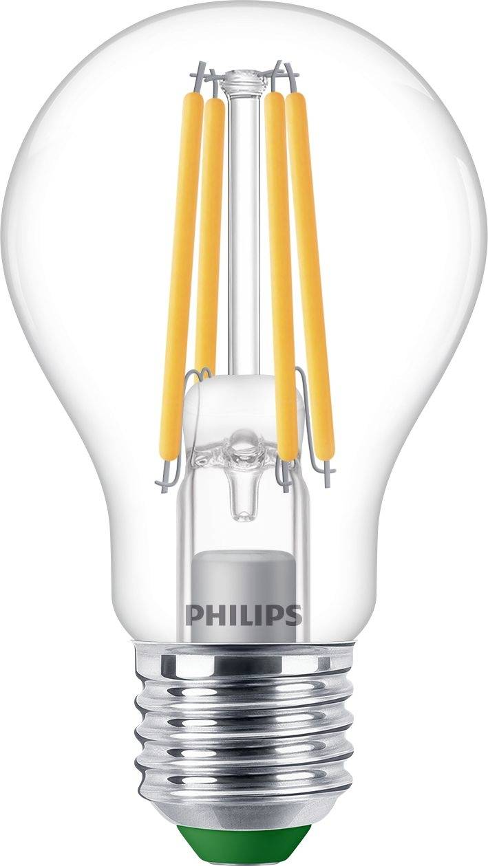 Čirá LED žárovka s viditelnými žlutými vlákny a značkou Philips na patici, zobrazená na bílém pozadí.