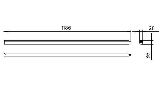 Technický výkres dlouhého vodorovného pruhu, 1186 mm širokého a 36 mm vysokého, s detailem na pravém konci ukazujícím 28 mm posun nebo tloušťku.