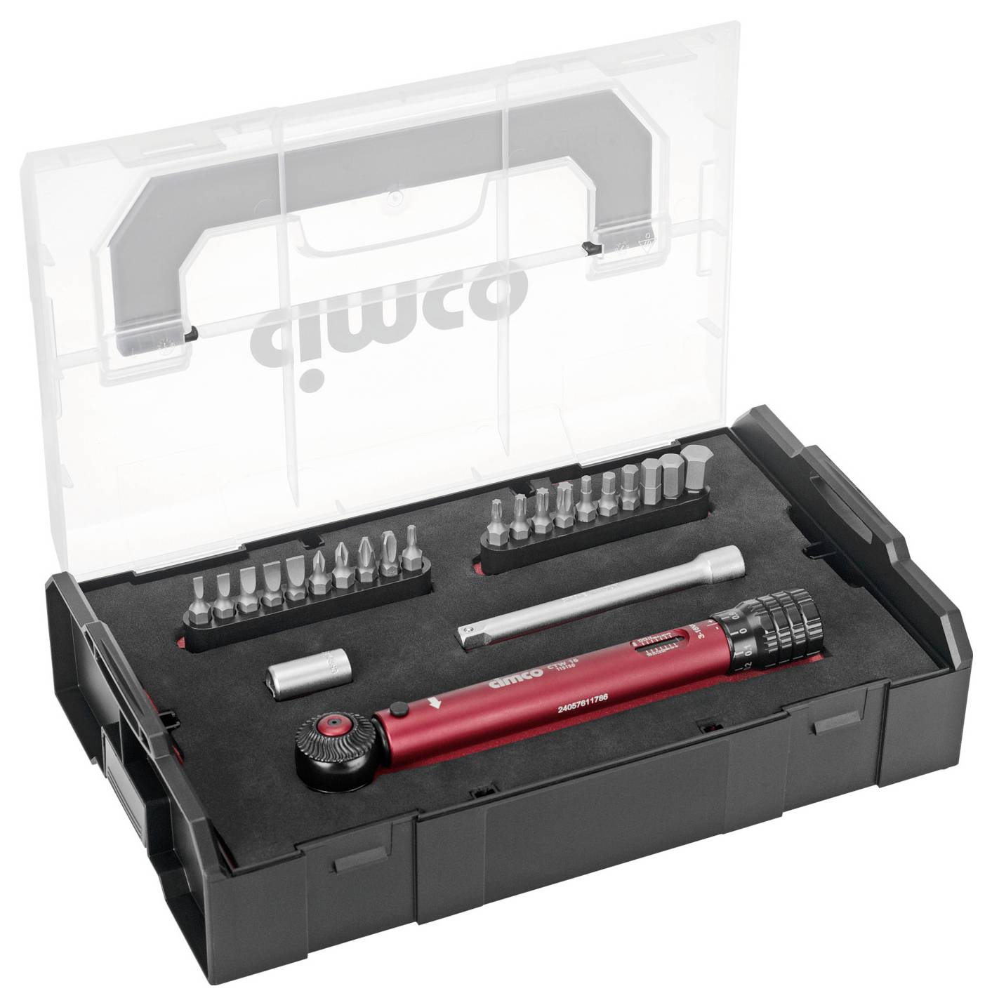 Černý toolbox s červeným momentovým klíčem, prodloužením, adaptéry na hlavice a dvěma sadami bitů uspořádanými v pěně, víko otevřené.