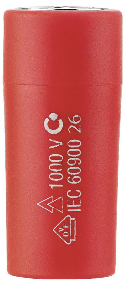 Červená válcová baterie označená "1000 V", "IEC 60086-26" a "DE" s警告ními symboly polarity.<br><br>Červená válcová baterie označená "1000 V", "IEC 60086-26" a "DE" s varování symboly polarity.