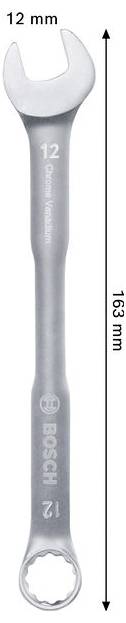 Kombinovaný klíč Bosch 12 mm zobrazený svisle s délkou 163 mm indikovanou šipkami a popisky.