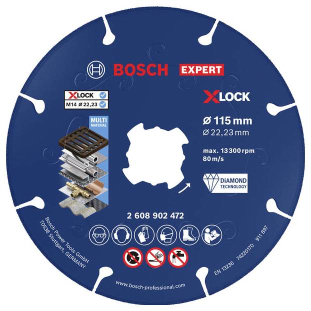 Bosch Expert X-LOCK diamantový řezný kotouč, průměr 115 mm, pro řezání více materiálů s maximálně 13 300 ot./min a 80 m/s.
