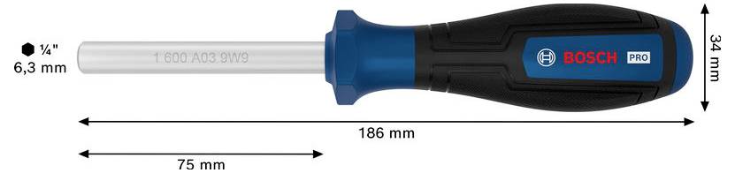 Bosch PRO šroubovák s rukojetí dlouhou 186 mm a čepelí dlouhou 75 mm, zobrazen s rozměrovými značkami pro nástroj o velikosti 3/8 in. a šířkou rukojeti 34 mm.