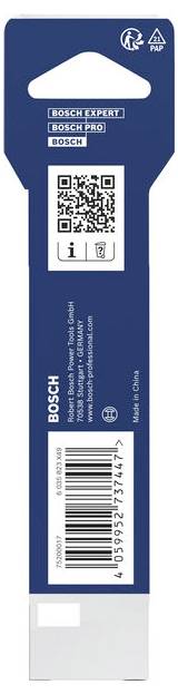 Balíček vrtáků Bosch Expert v modré a bílé barvě s logem Bosch, popisky produktu, QR kódem, čárovým kódem a výřezem na zavěšení.