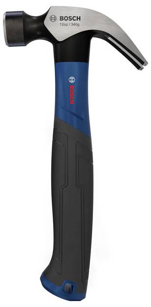 Bosch 12oz drásací kladivo s černo-modrým gumovým úchopem, znázorněné na bílém pozadí.