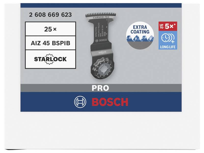Balicí sada oscilačních pilových listů Bosch PRO Starlock, označená „25x", „AIZ 45 BSBP", „Extra Coating" a „Až 5x delší životnost".
