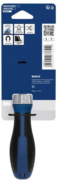 Bosch ponorná základna pro bezdrátový frézovací stroj, zobrazená v balení produktu s modro-černým madlem a etiketou s čárovým kódem.