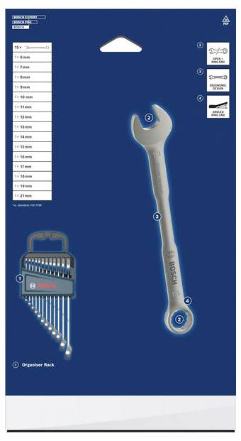 Infografika kombinovaného klíče Bosch zobrazující velikosti 6-21 mm, se označenými díly, organizačním stojanem a 3 profily klíčů: otevřený konec, kruhový a šikmý design.