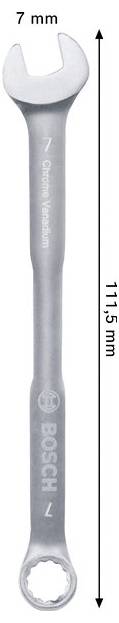 Stříbrný Boschův kombinovaný klíč označený 7 mm, zobrazen vertikálně se šipkou délky 111,5 mm.