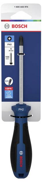 Šroubovák Bosch PH2 s modro-černou rukojetí v maloobchodním balení, na kterém je vidět velikost špičky PH2 a délka čepele 100 mm.