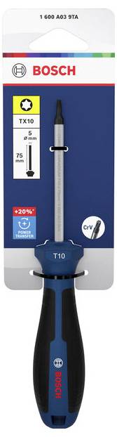 Bosch TX10 šroubovák v modrém a černém balení, označený T10, TX10, 75 mm, CrV, s ikonou špičky ve tvaru plus a značkou Bosch.