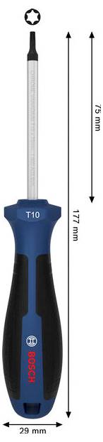 Zásuvný bit Bosch T10 s černo-modrým madlem; popisované rozměry ukazují délku 177 mm, délku nástrojů 75 mm a šířku madla 29 mm.