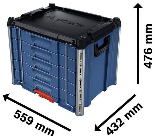 Úložná krabice Bosch blue zobrazená s rozměry 559 mm šířka, 432 mm hloubka a 476 mm výška.
