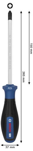 Obrázek šroubováku Bosch PZ3, zobrazen s rozměry: celková délka 265 mm, délka čepele 150 mm a šířka rukojetě 37 mm.