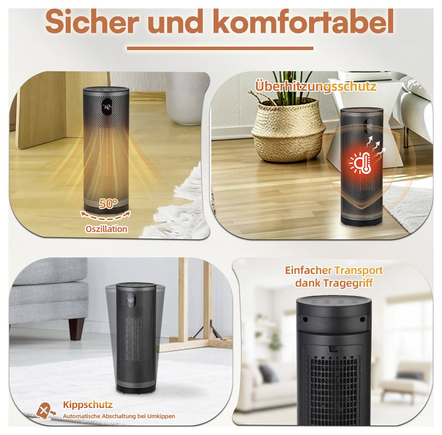 Be Cool BCBenjamin26 PTC sloupový topný ventilátor černá/stříbrná-8