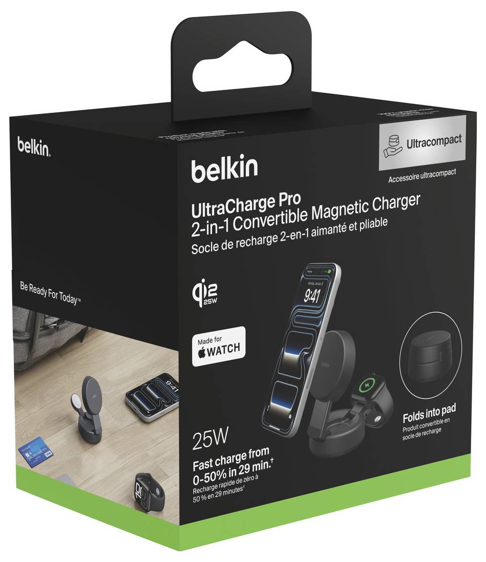 Belkin UltraCharge Pro 2v1 konvertibilní magnetická nabíječka, zobrazující skládací nabíjecí stojánek pro Apple Watch a iPhone, 25W rychlé nabíjení, ultra kompaktní.