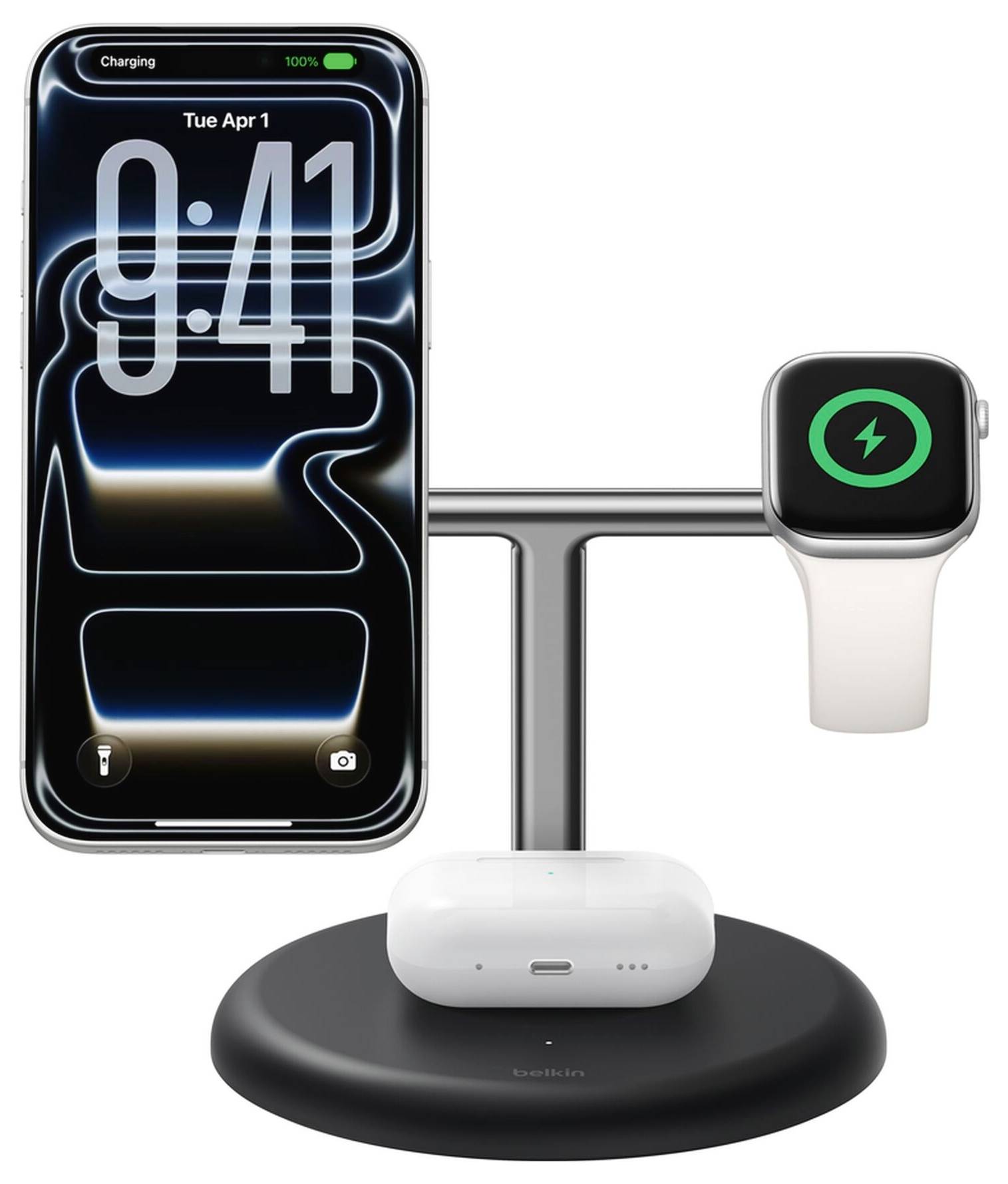 Nabíjecí stojánek od Apple zobrazující iPhone, Apple Watch a pouzdro AirPods nabíjející se společně na černé základně.