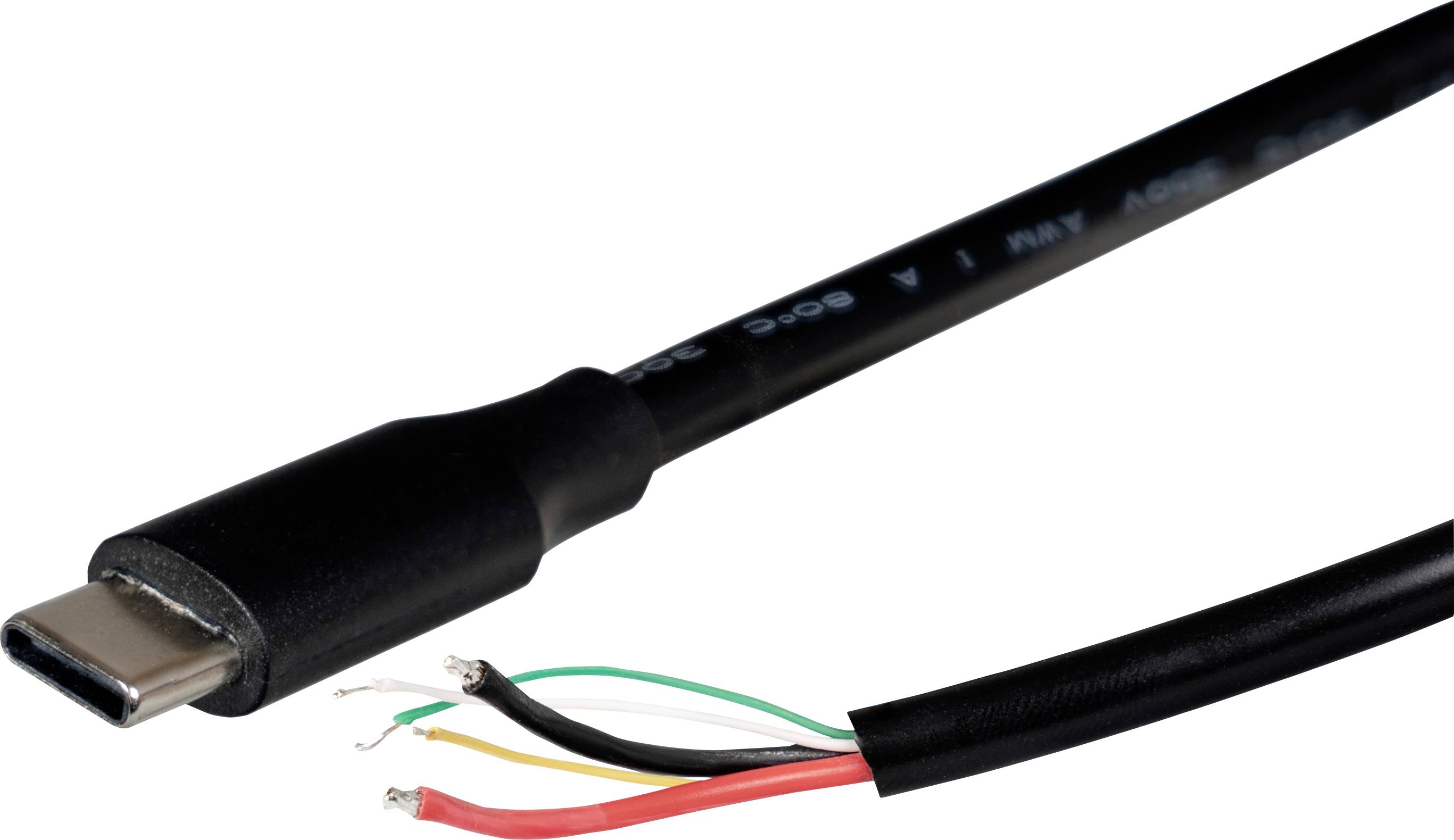 Kabel USB-C s obnažením exposing koncem vystavujícím červený, černý, zelený a bílý drát pro kabeláž nebo opravu.