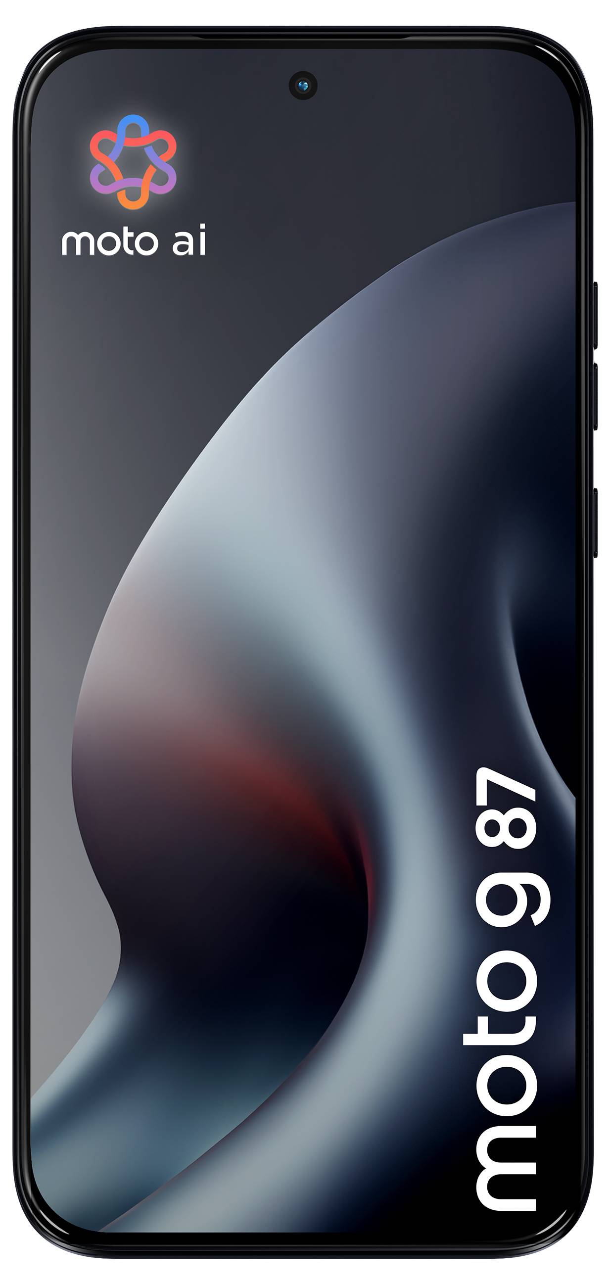 Smartphone Motorola Moto AI zobrazený zepředu s tmavou abstraktní tapetou a branding „moto ai", na obrazovce označený jako „moto g85".