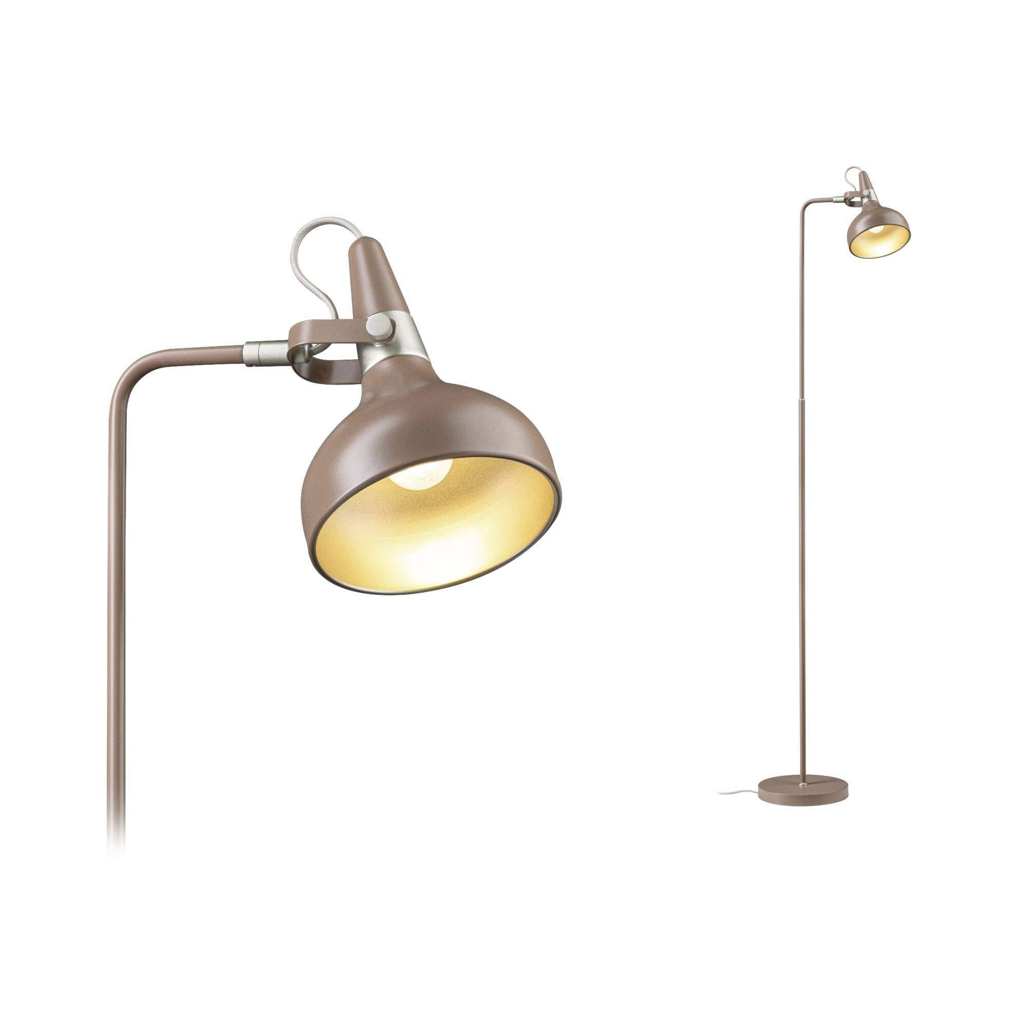 Hnědá kovová podlahová lampa s obloukovitým ramenem a nastavitelnou reflektorovou hlavicí, zobrazená v detailu a v celkovém pohledu na bílém pozadí.