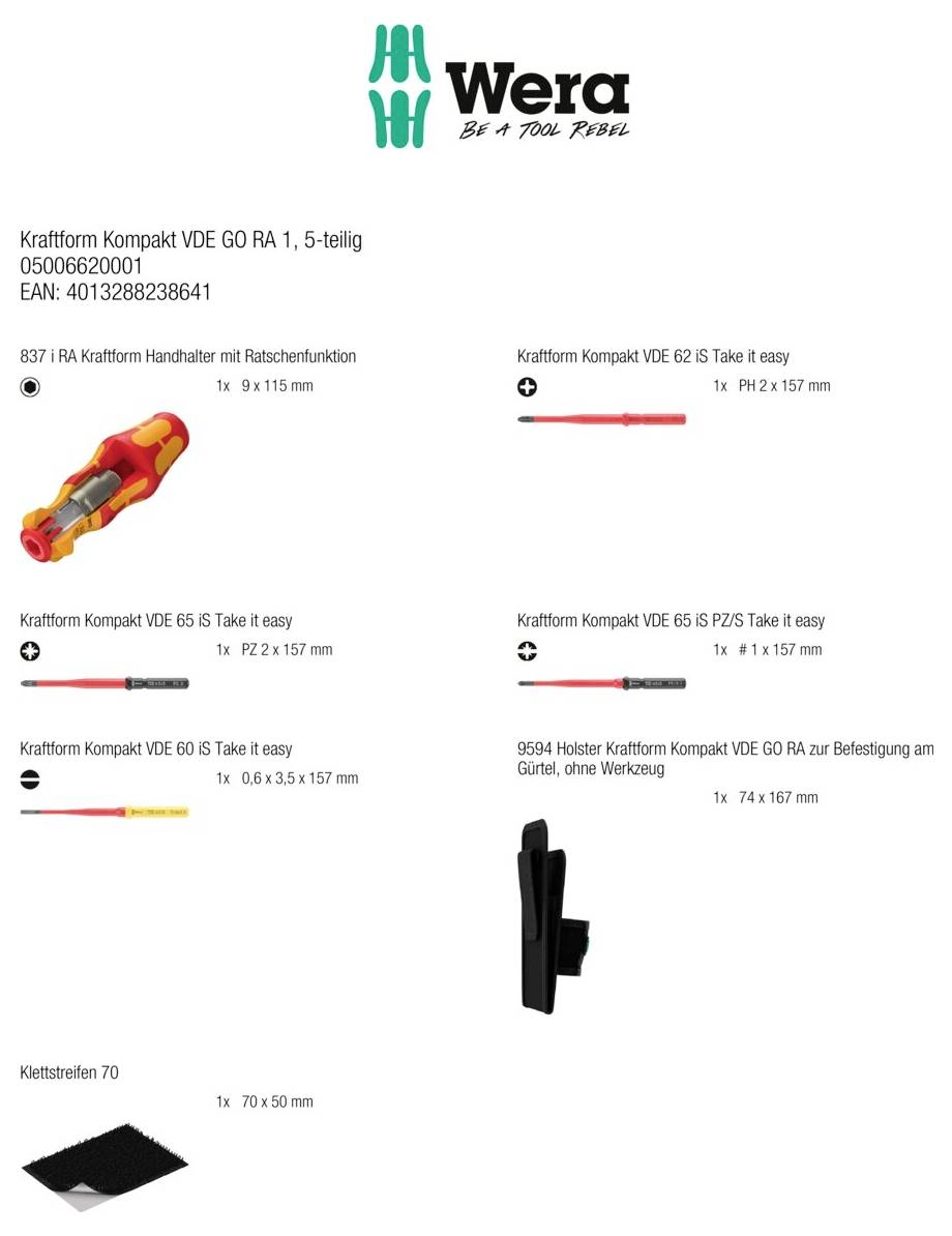 Sada Wera Kraftform Kompakt VDE 60 RA s 5 kusy izolovaných šroubováků, držákem, páskou se suchým zipem a nástěnným držákem.
