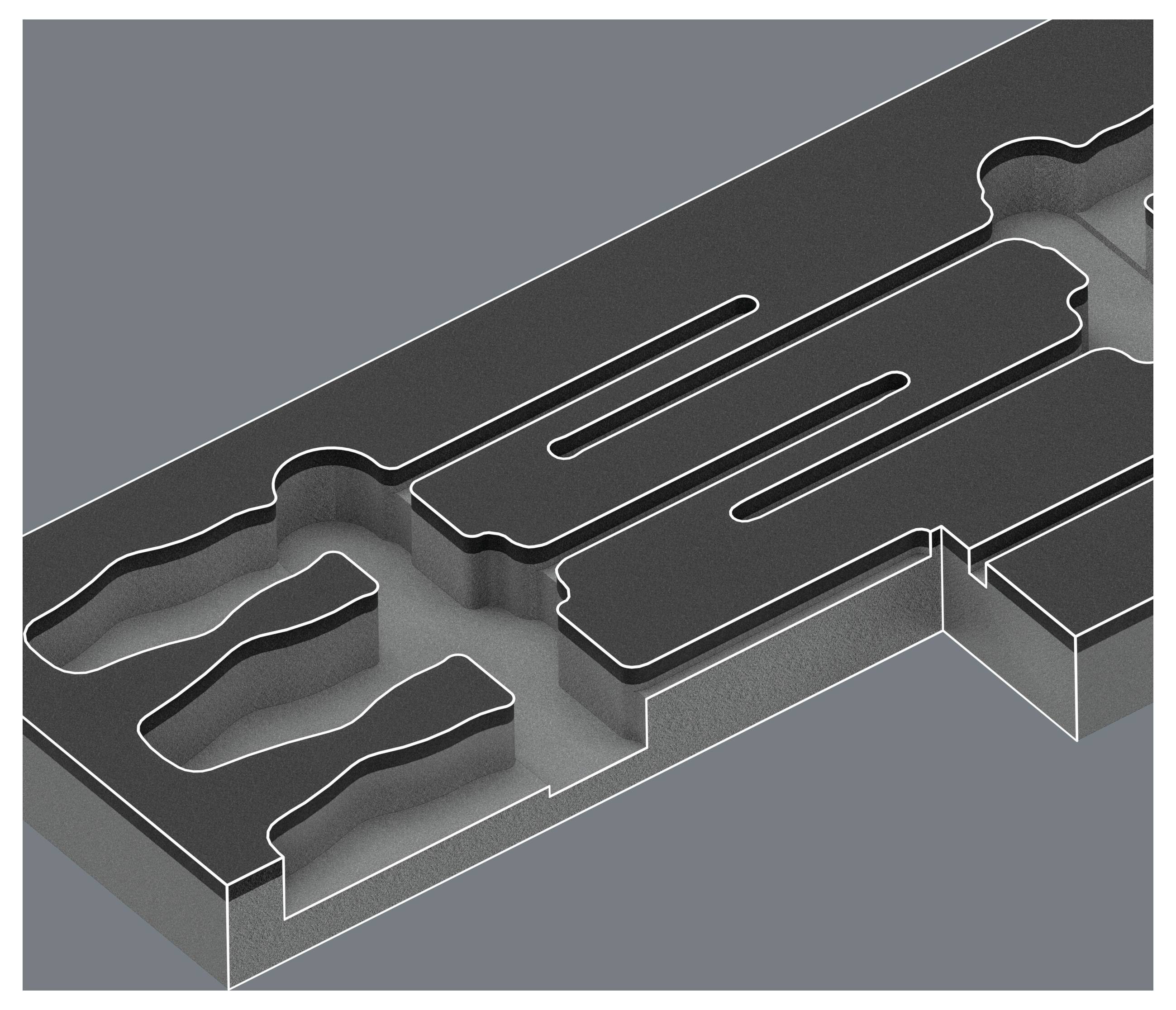 Izometrický řez vrstvené obdélníkové kostky ukazující vnitřní dutiny a vyvýšené kanály, podobně jako 3D průřez výroby nebo inženýrství.